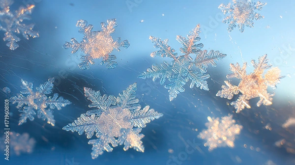 Fototapeta A snowflake is shown in the air with other snowflakes. The snowflakes are all different sizes and shapes, and they are all white. The image has a peaceful and serene mood