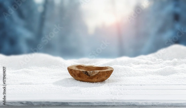 Fototapeta Winter landscape with fresh white snow and copy space for product placement or text. Blurred  snow-covered trees winter sunlight and blue winter sky background.