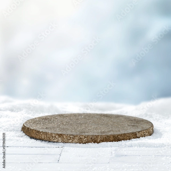 Fototapeta Winter landscape with fresh white snow and copy space for product placement or text. Blurred  snow-covered trees and cloudy winter sky background.