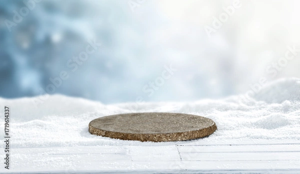 Fototapeta Winter landscape with fresh white snow and copy space for product placement or text. Blurred  snow-covered trees and cloudy winter sky background.