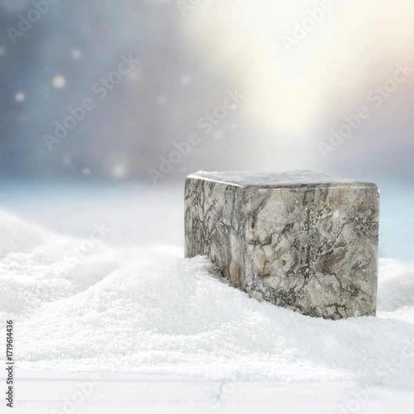 Fototapeta Winter landscape with fresh white snow and stone pedestal with copy space for product placement or text. Blurred background of snow-covered trees and blue winter sky and sunlight.