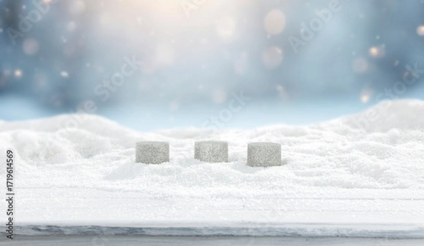 Fototapeta Winter landscape with fresh white snow and copy space for product placement or text. Blurred  snow-covered trees and cloudy winter sky background.