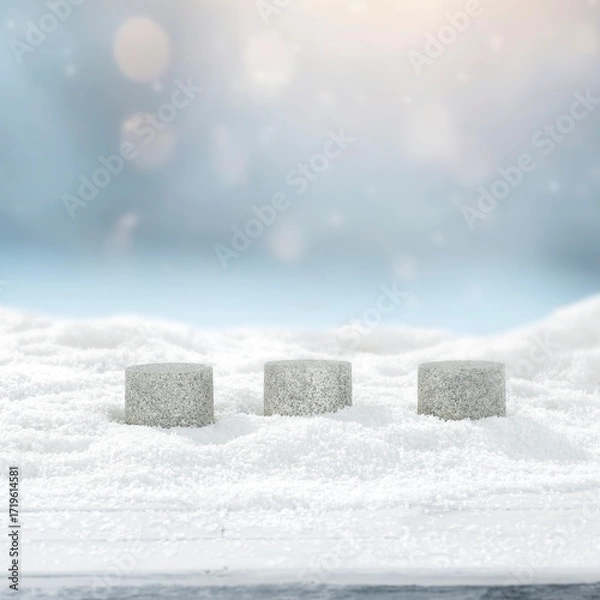 Fototapeta Winter landscape with fresh white snow and copy space for product placement or text. Blurred  snow-covered trees and cloudy winter sky background.