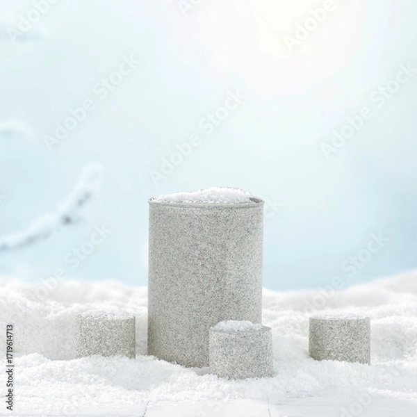 Fototapeta Winter landscape with fresh white snow and copy space for product placement or text. Blurred  snow-covered trees blue winter sky background.