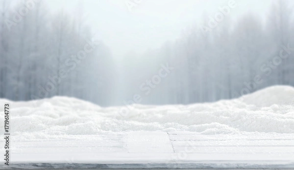 Fototapeta Winter landscape with fresh white snow and copy space for product placement or text. Blurred  snow-covered trees and cloudy winter sky background.