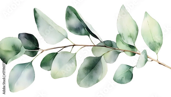 Fototapeta Eucalyptus branch watercolor illustration, botanical hand painted green leaves, elegant nature inspired foliage for decorative design, card or invitation