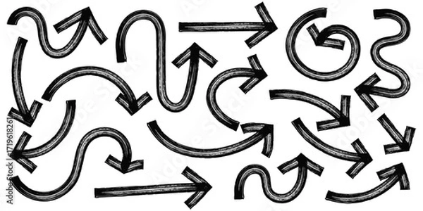 Fototapeta Arrows hand drawn with marker, chalk or charcoal. Black arrow shapes with brush strokes. 