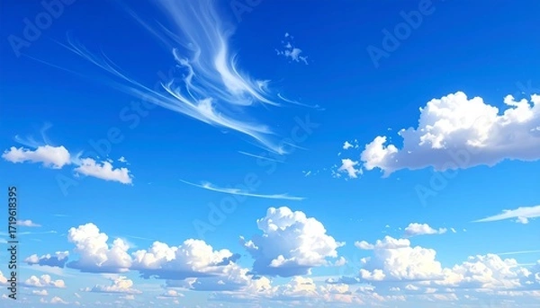 Fototapeta A bright azure sky with puffy white cumulus clouds. Wisps of cirrus clouds drift across, creating a dynamic and airy atmosphere