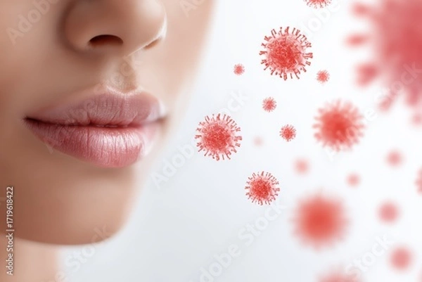 Fototapeta Glossy pink lips with virus-like red background, health alert concept - woman's mouth detail in vivid color contrast, warning symbol for pandemic protection and medical safety