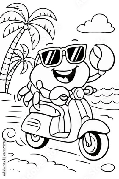 Fototapeta Funny Crab Riding a Scooter on the Beach Coloring Page