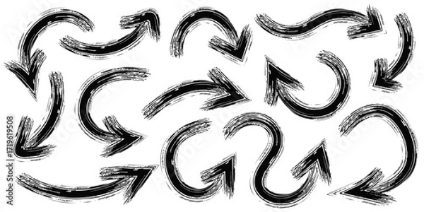 Fototapeta Hand drawn black arrows grunge vector set. Arrow chalk, marker or charcoal. Icon templates for navigation, infographics, banners, and posters. Vector strong brush strokes
