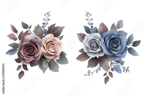Fototapeta Mauve and blue rose bouquet set, soft pastel elegant watercolor floral arrangement, hand painted botanical cluster for wedding, decor, card or invitation

