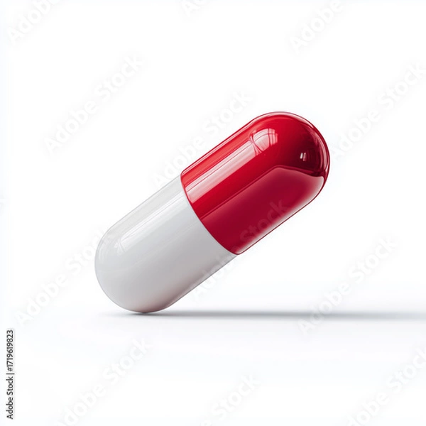 Fototapeta 3D icon of red and white capsule medication on a white surface close up view
