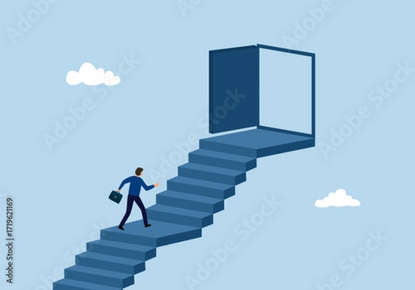 Fototapeta Businessman in suit walking to the opened door. Motivation and startup concept. Beginning of business career vector illustration.