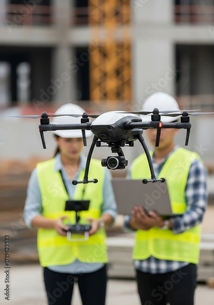 Fototapeta Drone operation at construction site technology surveying