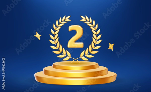 Fototapeta 3d golden winners podium with gold number two and laurel wreath. Stock vector illustration on blue isolated background.