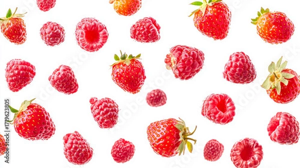 Fototapeta Collection of wild berries with berry leaves isolated on a white background