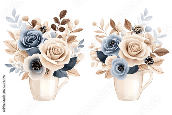 Fototapeta Duet color rose botanical set, mauve and blue pastel flower bouquet, watercolor hand painted floral arrangement for decorative, card, and wedding design