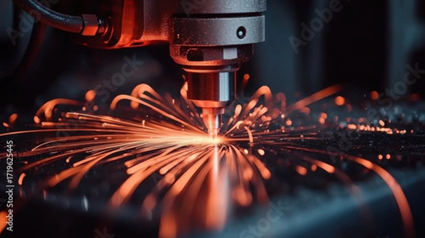 Fototapeta CNC laser cutting machine working with sheet metal with orange sparks at factory