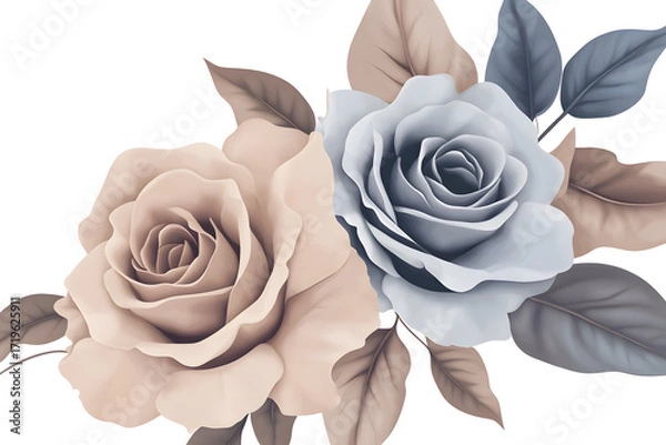 Fototapeta Duet color rose botanical set, mauve and blue pastel flower bouquet, watercolor hand painted floral arrangement for decorative, card, and wedding design
