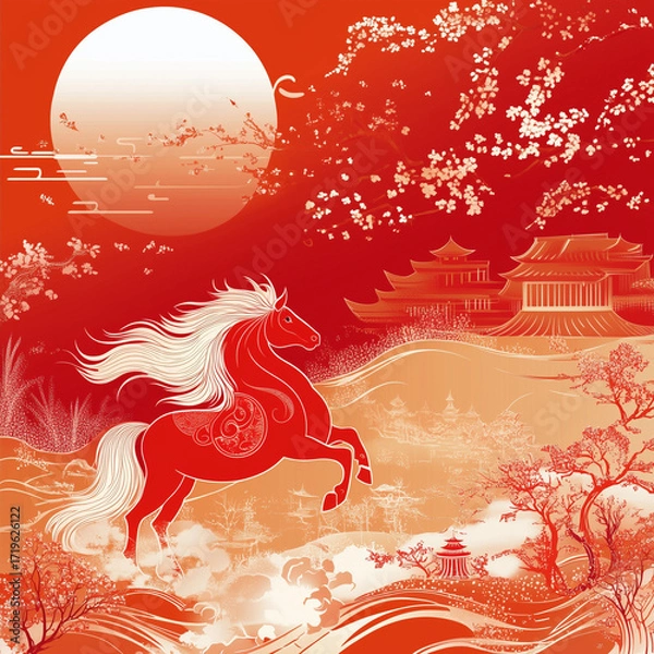 Fototapeta year of the horse, new year, asian festival, illustration, background, cover, advertisement, horse, pattern, design, zodiac, icon, new, year, animal, symbol, art, vintage