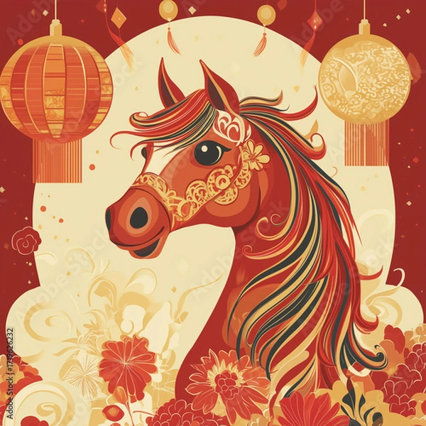 Fototapeta year of the horse, new year, asian festival, illustration, background, cover, advertisement, horse, pattern, design, zodiac, icon, new, year, animal, symbol, art, vintage