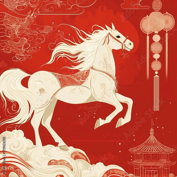 Fototapeta year of the horse, new year, asian festival, illustration, background, cover, advertisement, horse, pattern, design, zodiac, icon, new, year, animal, symbol, art, vintage
