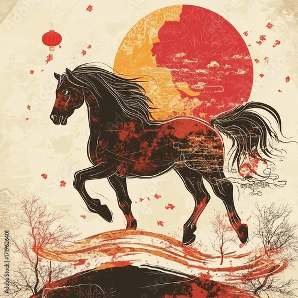 Fototapeta year of the horse, new year, asian festival, illustration, background, cover, advertisement, horse, pattern, design, zodiac, icon, new, year, animal, symbol, art, vintage