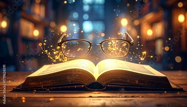 Fototapeta Magical book with floating glasses and glowing sparks