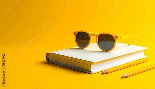 Fototapeta Minimalist concept with yellow sunglasses placed on a closed book and pencils against a vibrant yellow backdrop