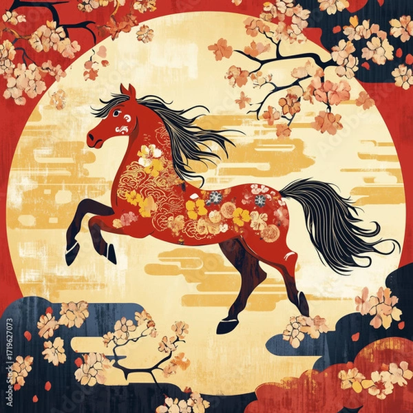 Fototapeta year of the horse, new year, asian festival, illustration, background, cover, advertisement, horse, pattern, design, zodiac, icon, new, year, animal, symbol, art, vintage