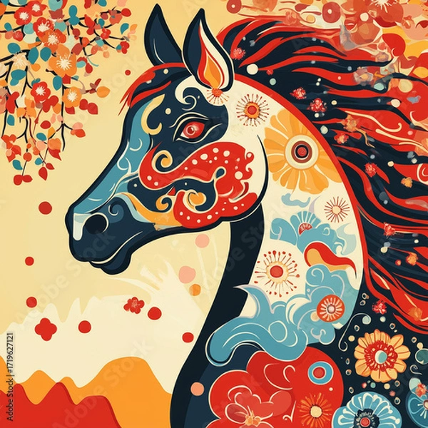 Fototapeta year of the horse, new year, asian festival, illustration, background, cover, advertisement, horse, pattern, design, zodiac, icon, new, year, animal, symbol, art, vintage