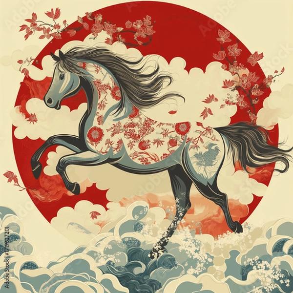 Fototapeta year of the horse, new year, asian festival, illustration, background, cover, advertisement, horse, pattern, design, zodiac, icon, new, year, animal, symbol, art, vintage