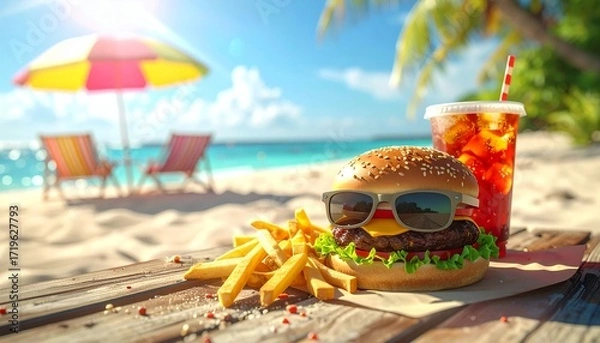 Fototapeta Fun concept of a cheeseburger wearing sunglasses with french fries and soda on a wooden table at a sunny beach