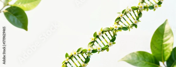 Fototapeta DNA molecule from plants. DNA from stems, leaves, and flowers on a white background with leaves