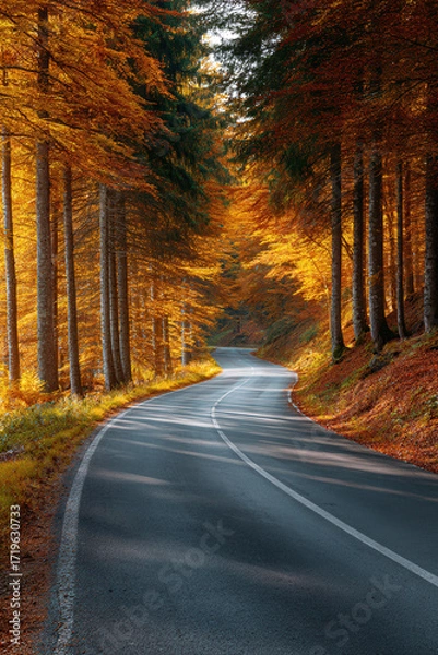 Fototapeta winding road leading into distance surrounded by stunning autumn forest adorned with colorful leaves