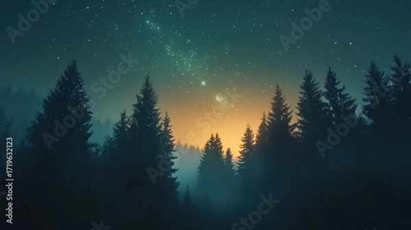 Fototapeta forest at night, snow with colorful sky