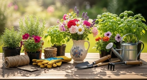 Obraz Vibrant Garden Scene With Fresh Flowers Plants And Tools For Cultivation