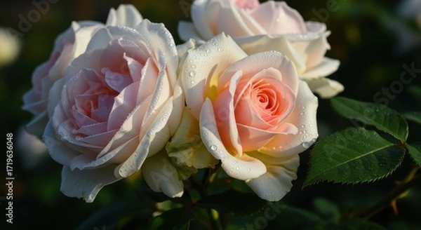 Obraz  Delicate Pink Roses Covered In Dew Drops Blooming In The Morning Sun