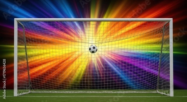 Obraz Spectacular Rainbow Explosion Behind Soccer Goal Captures A Flying Ball