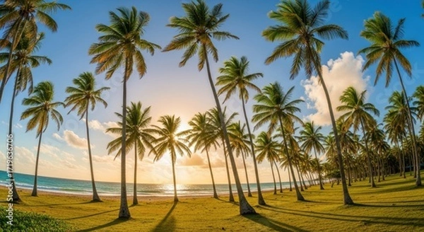 Fototapeta Golden Hour Sunset Over Tropical Beach Palms Swaying Gently in the Warm Ocean Breeze