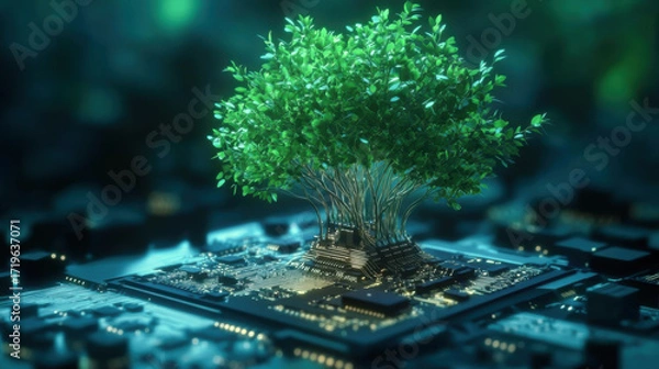 Fototapeta Tree growing on Circuit digital ball. Digital and Technology Convergence