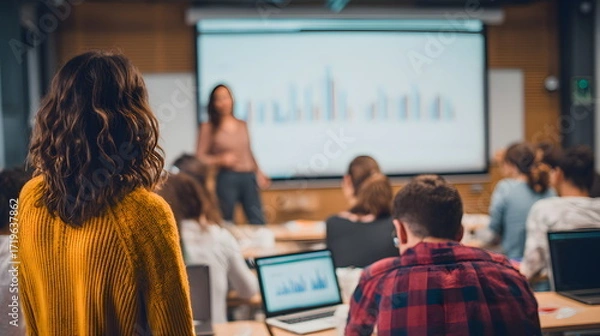 Fototapeta Female instructor presenting data analysis to engaged audience in modern classroom, with students focused on laptops and visual aids enhancing learning experience