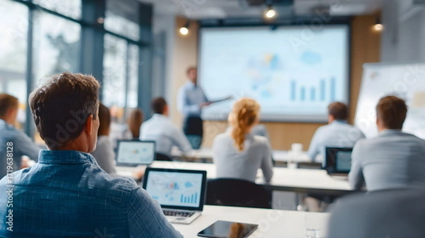 Fototapeta Group of professionals attending a business presentation in a modern conference room, focused on the speaker and visual data displayed on a large screen, engaging in collaborative learning