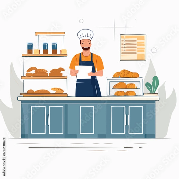 Fototapeta Smiling Baker Holding Order in a Bright Bakery Shop