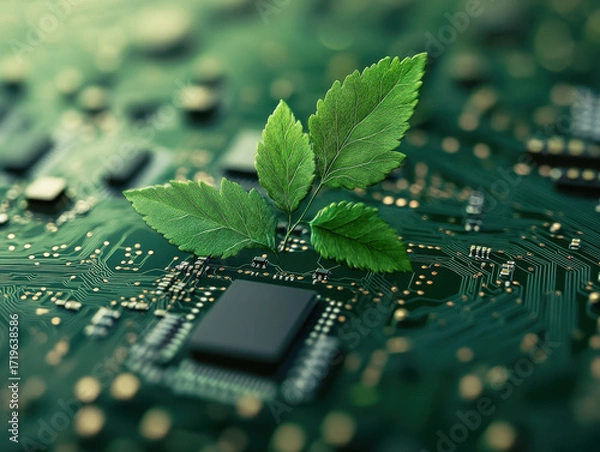 Fototapeta Tree plant on cpu computer  chip board