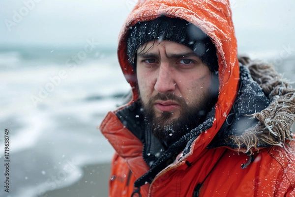 Fototapeta People Freezing at the Seaside During Cold Winter Vacation with Snow on Beard and Face Generative AI