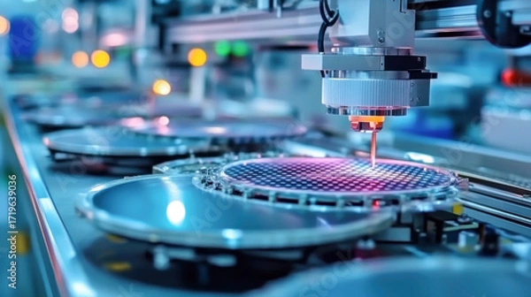 Fototapeta Automated machinery processing silicon wafers in a semiconductor plant