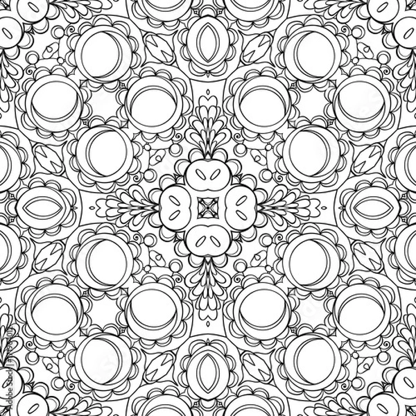 Fototapeta Seamless pattern, background with geometric floral abstract pattern. Stock line vector illustration. Outline hand drawing coloring page for adult coloring book.