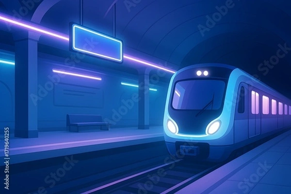 Fototapeta Train arrives at a dimly lit subway station with neon lights and empty platform at night